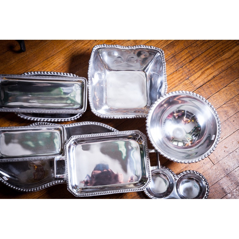 Beaded Metal Tray With Three Serving Bowls