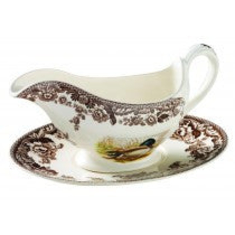 Spode Woodland Mallard/Snipe/Rabbit Sauce Boat and Stand