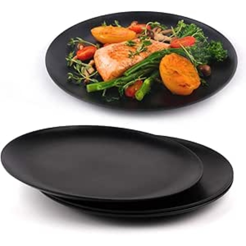 AKDC Dinner Plates Set of 4, Kitchen Plates, Matte Black Plates, Modern Dinner Plates, Dishwasher Safe Plates, Unbreakable Dinnerware, Bamboo Fiber, 10 Inch, Lightweight, Sustainable, Microwavable