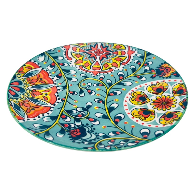 AKDC Round Ceramic Plate 22cm*2cm, Teal and Multicolour Floral Designs