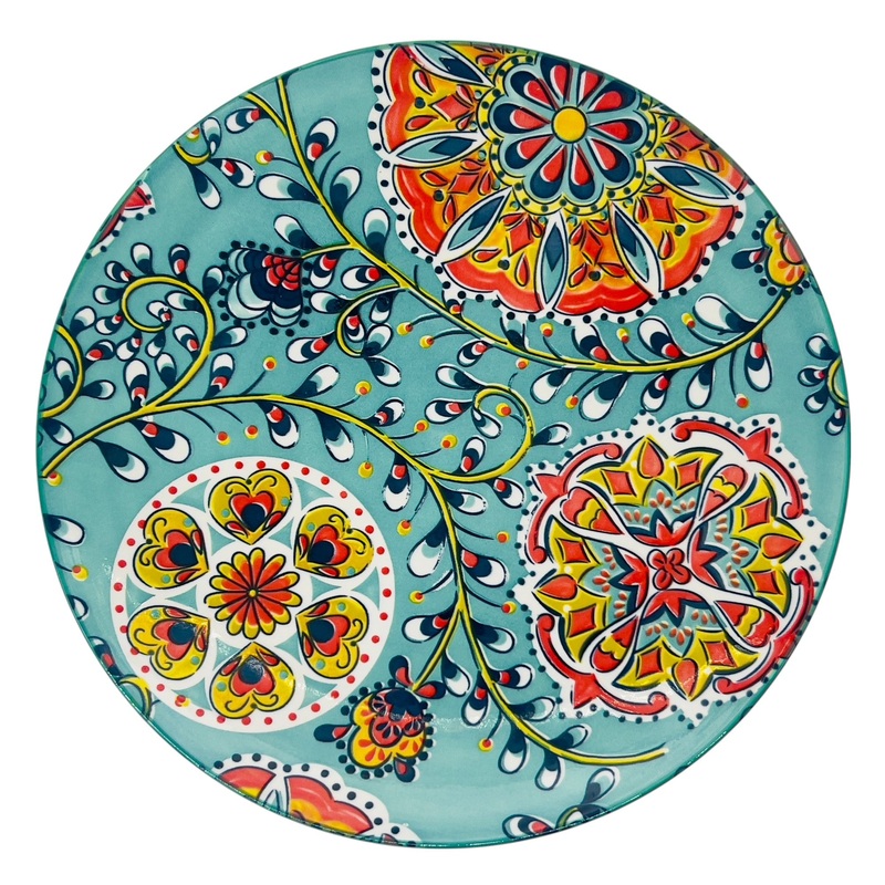 AKDC Round Ceramic Plate 27cm*3cm, Teal and Multicolour Floral Designs