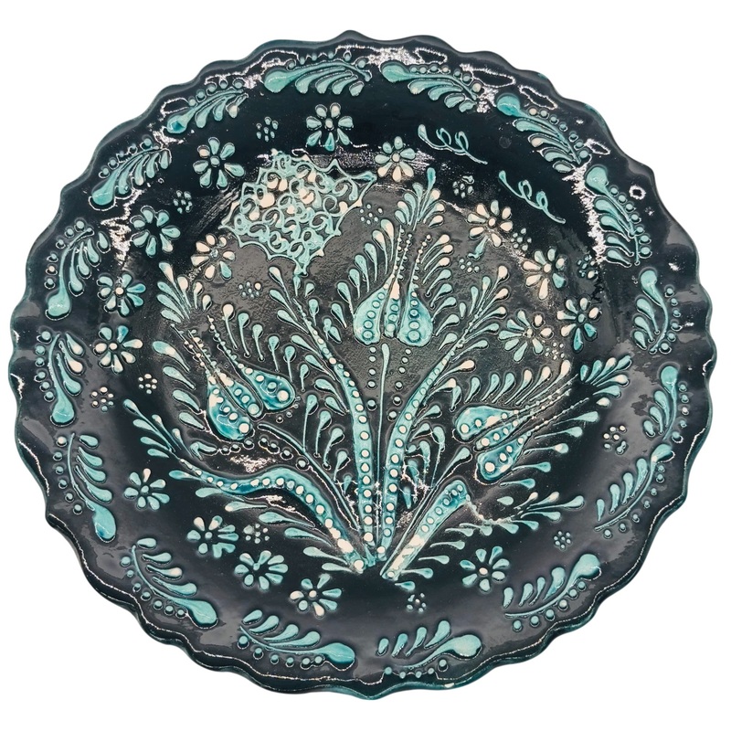 AKDC Round Handmade Plate 25cm, Black/Teal Floral Design