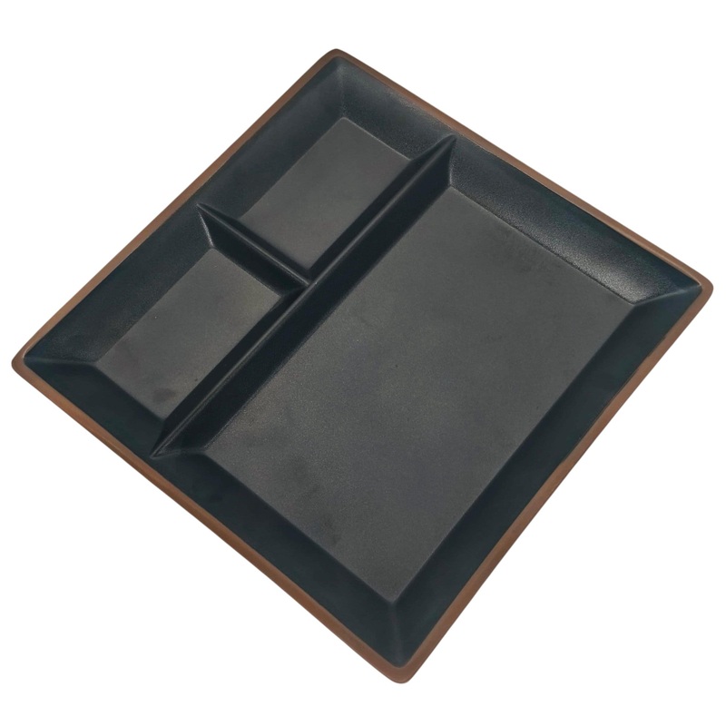 HARMONY Melamine Square 3-Section Serving Plate 26cm*26cm*2cm, Brown/Black