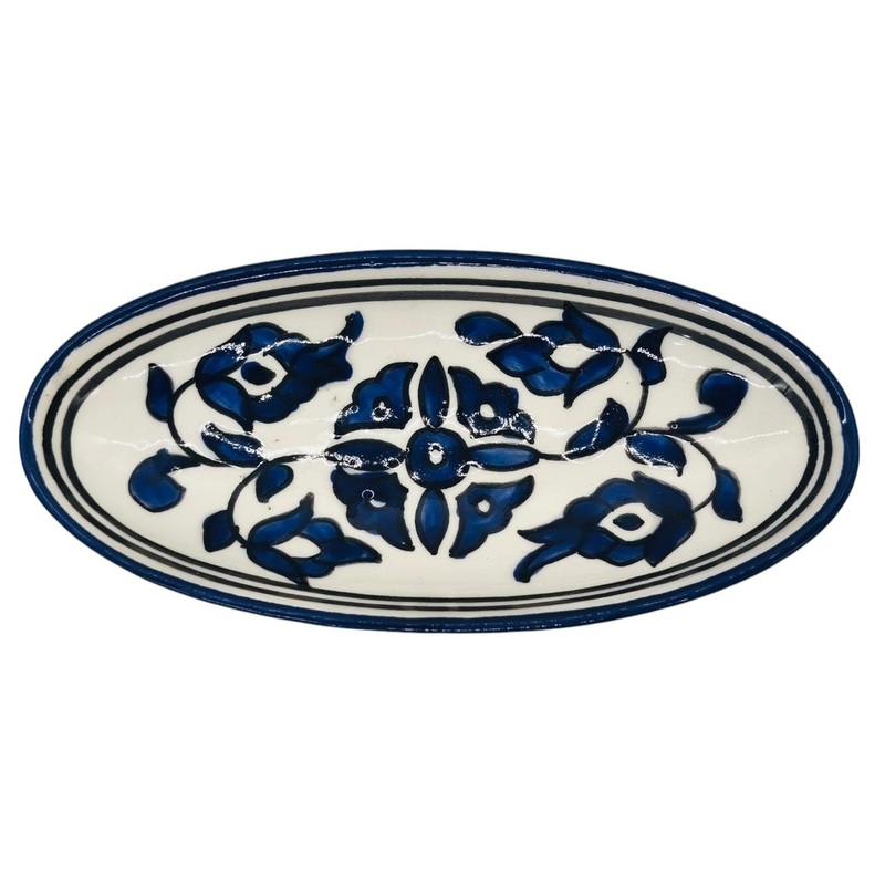 SLAMA Oval Ceramic Plate 20cm, Floral Blue