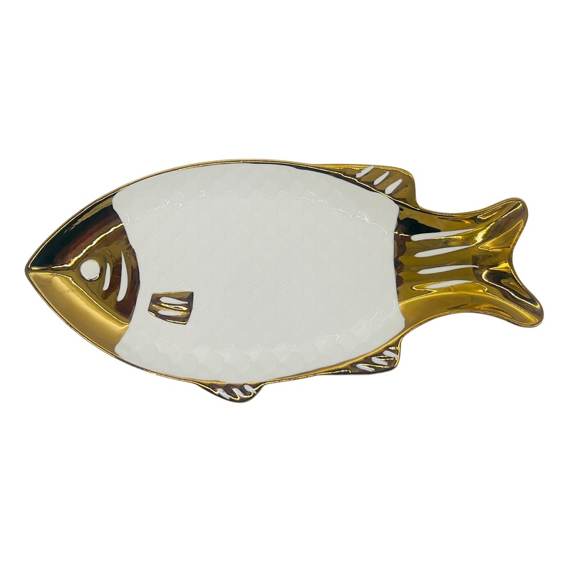 AKDC Ceramic Fish Plate 31cm*14.5cm, White & Gold