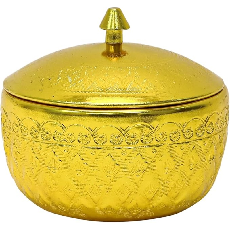 AKDC Decorative Aluminum Sugar Bowl/Box/Jar/Container/Pot with Lid, Unique Crystal Candy & Dry Fruits Bowl, Perfect for Home & Gift (10x8cm) (Gold)