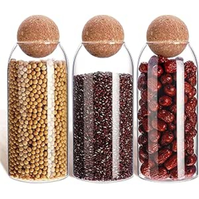 AKDC Glass Food Storage Canister with Airtight Cork Lid [1000ml/34Oz] Clear Food Storage Jar Container with Seal Cork Round Stopper for Kitchen Pantry [34Oz 3 pieces] (34, Cellular, 3, 561032)