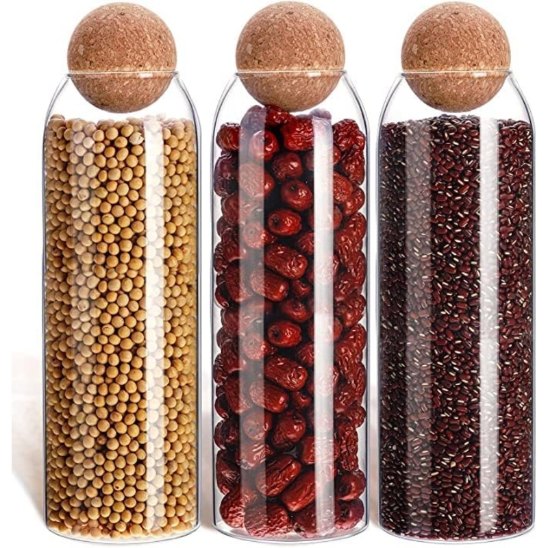AKDC Glass Food Storage Canister with Airtight Cork Lid [1200ml/42Oz] Clear Food Storage Jar Container with Seal Cork Round Stopper for Kitchen Pantry [42Oz 3 pieces] (42, Cellular, 3, 561032)