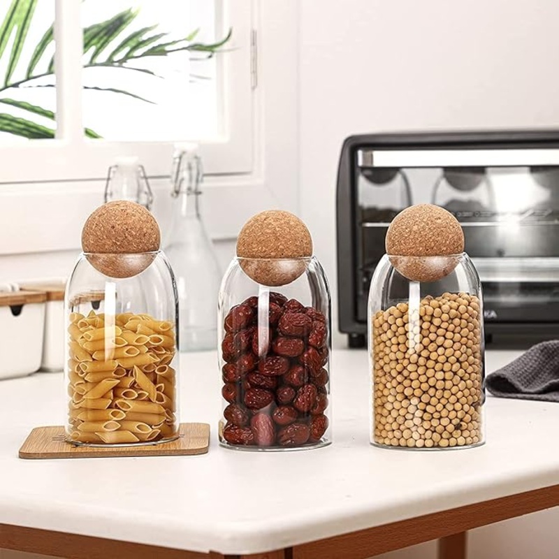 AKDC Glass Food Storage Canister with Airtight Cork Lid [800ml/27Oz] Clear Food Storage Jar Container with Seal Cork Round Stopper for Kitchen Pantry [27Oz 3 pieces] (27, Cellular, 3, 561032)