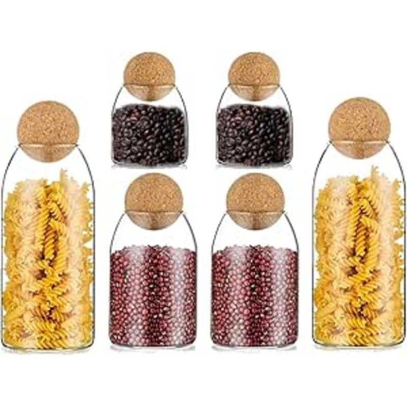 AKDC Glass Food Storage Jars with Wood Lid Ball, Bamboo Glass Storage Containers with Good Sealing, Different Sizes Coffee Container for Kitchen Counter, Pantry, Tea, Sugar, Flour (6PCS/Set)