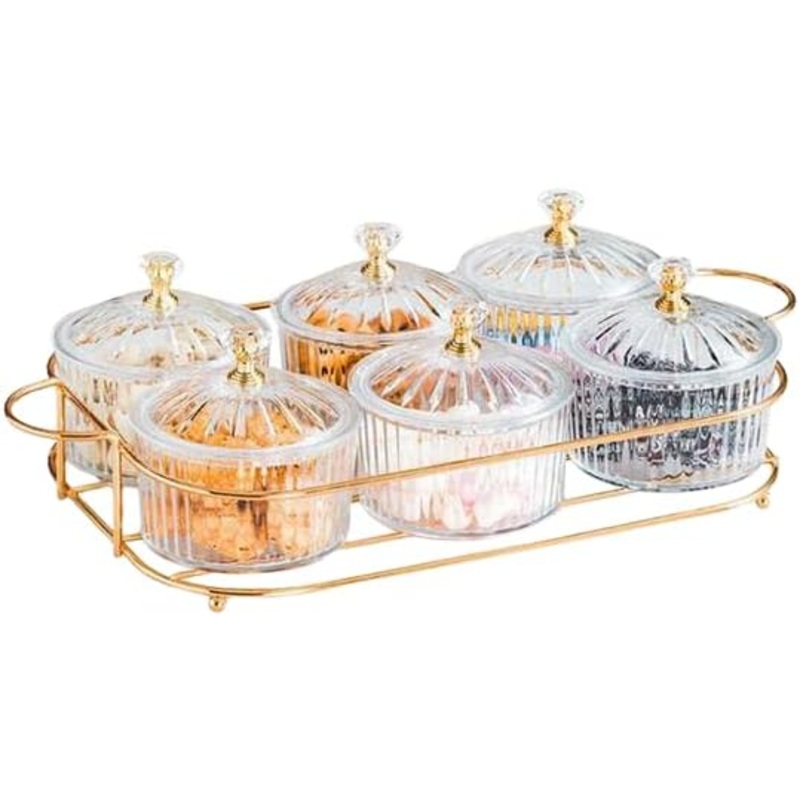AKDC Nut and Candy Serving Tray, Set of 6, Storage Bowls Tray with Lid and Gold Plated Shelf, Snack Platter for Home Party, Light luxury Style Acrylic Serving Tray for Home Decoration (Set of 6)