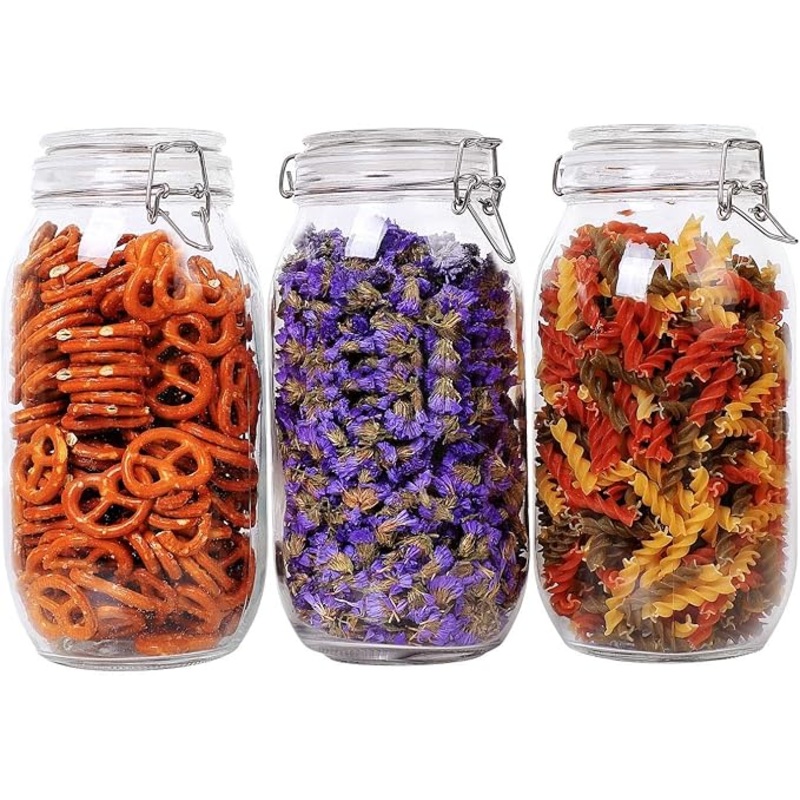 AKDC pot ComSaf Glass Storage Jars with Lids 1000ML Food Canisters Set of 3 - Airtight Clear Preserving Seal Wide Mouth Containers with Wire Clip Fastening for Kitchen Canning Cereal,Pasta,Sugar,Cof