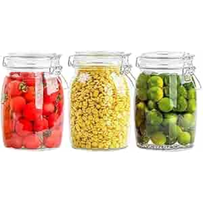 AKDC sales Glass Jar 1000ml Glass Container For Kitchen Storage pickle jar With Buckle airtight Lid Jars For Spice Masala pasta tea coffee pantry ferment grocery Kitchen glass lids Containers Set (3)