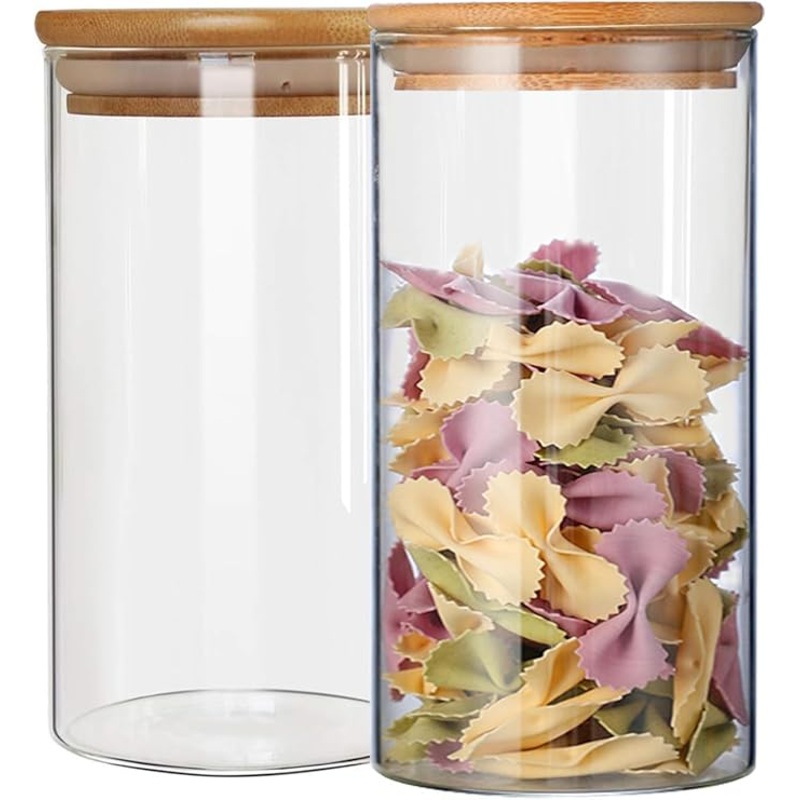AKDC Set of 2 Glass Food Storage Containers,Food Storage Glass Jar with Bamboo Airtight Lids, Small Clear Food Storage Containers for Pantry for Tea, Spice, Sugar, Nuts (2PC, 950ml)