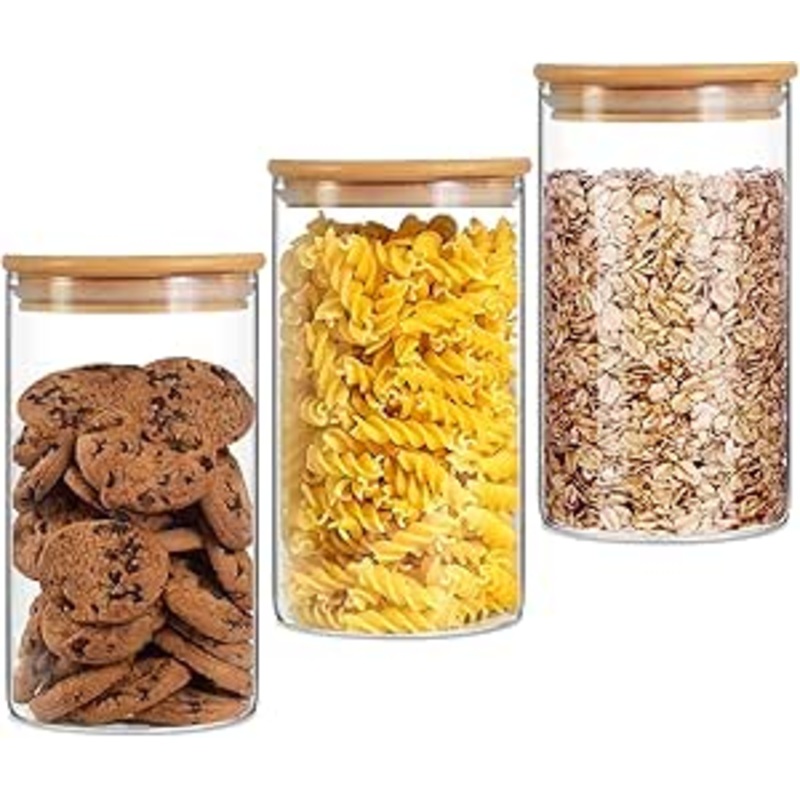 AKDC Set of 3 Round Glass Jar with Bamboo Lid, Kitchen Food Storage Containers Airtight Lids Cereals Canisters Jars for Pasta Spaghetti Tea Coffee Beans Candy Cookies Snacks (Small - 1000ML)