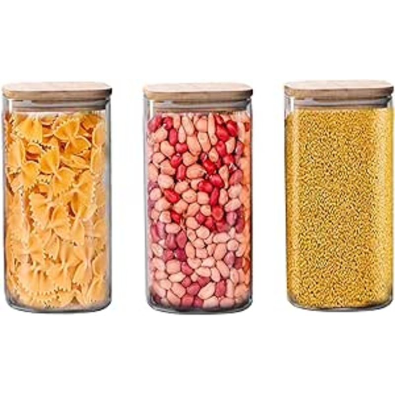 AKDC Set of 3 Square Glass Jar with Bamboo Lid, Kitchen Food Storage Containers Airtight Lids Cereals Canisters Jars for Pasta Spaghetti Tea Coffee Beans Candy Cookies Snacks (Large - 1600ML)