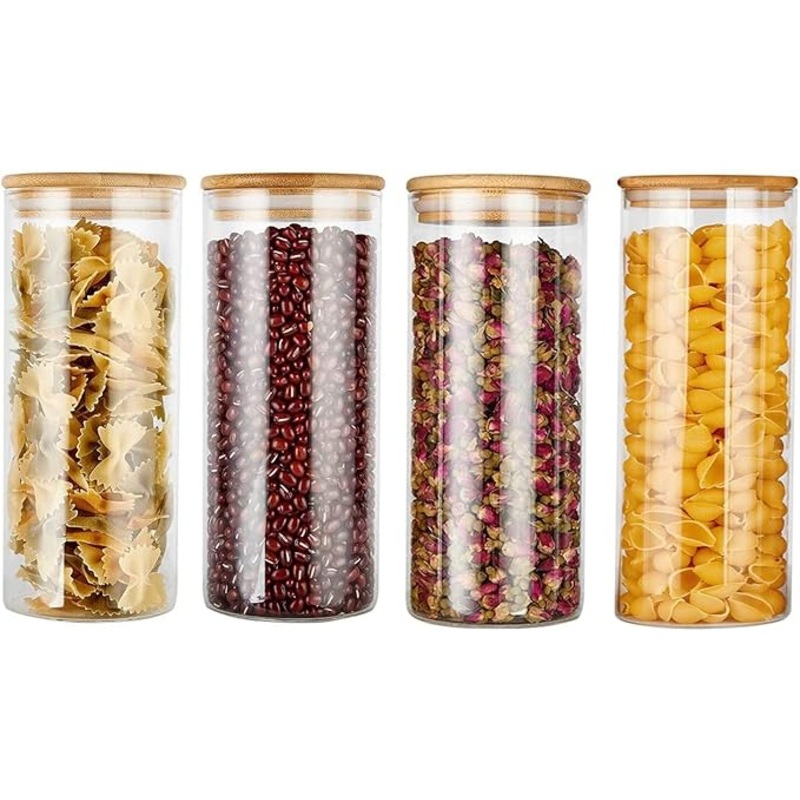 AKDC Set of 4 Round Glass Jar with Bamboo Lid, Kitchen Food Storage Containers Airtight Lids Cereals Canisters Jars for Pasta Spaghetti Tea Coffee Beans Candy Cookies Snacks (Medium - 1500ML)