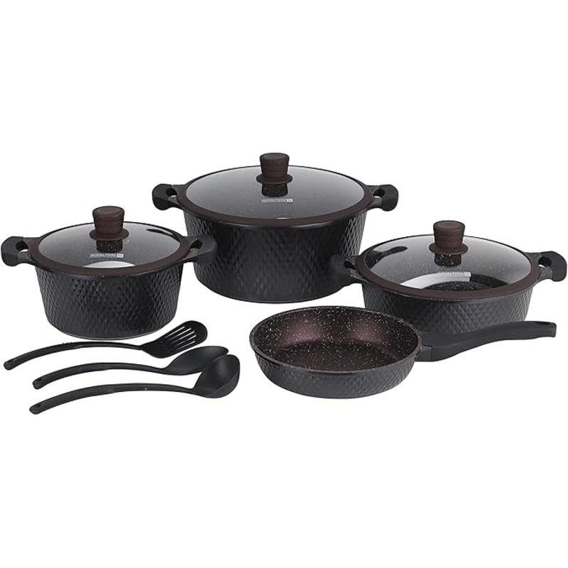 Die-Cast Cookware Set with Durable Granite Coating, RF10336 | 10 Pcs Cookware | Tempered Glass Lid | Heavy-Duty Bakelite Handles | Compatible with Multiple Hob