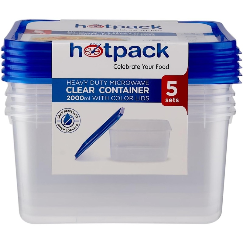 Hotpack Heavy Duty Microwave Clear Container 2000ml with Multicolour Lids, 5 Sets