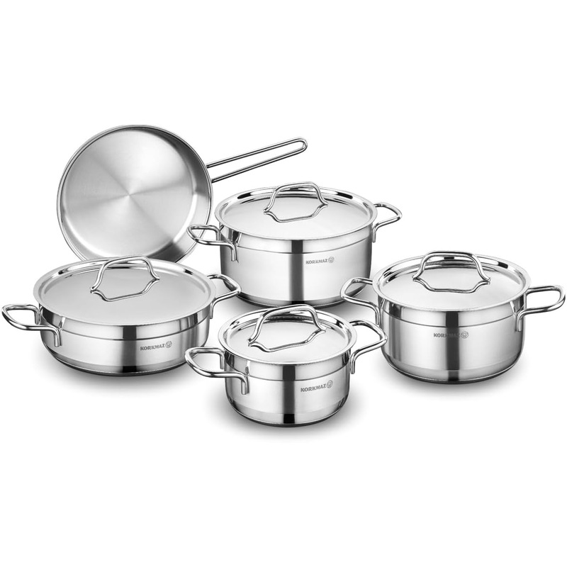 KORKMAZ Alfa Cookware Set 9pcs(Casserole-18L, 3.5L, 5.5L / Low Casserole-5.5L / Frypan-2.7L), Stainless Steel