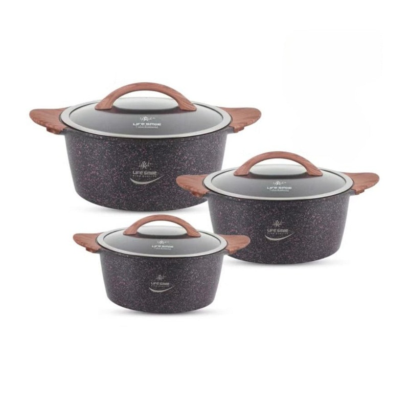 LIFE SMILE 6pcs Granite Coating Cookware Set, Soup Pot with Lid- 16cm, 20cm, 24cm