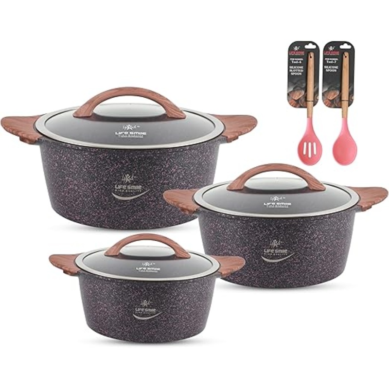 LIFE SMILE Cookware Set - Non Stick Pot set Induction Base, Granite Coating 100% PFOA FREE, Die Cast aluminum Body Kitchen Set with Cooking Tools ( (24/28/32CM) 8 Pieces)
