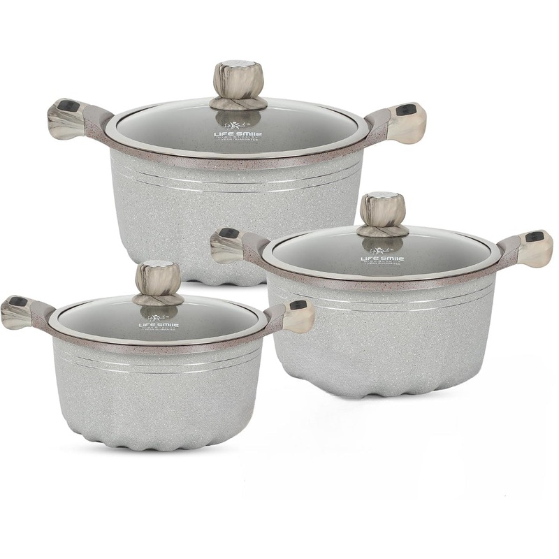 LIFE SMILE Elbrus Series 6pcs Granite Coating Cookware Set, Soup Pot with Lid- 16cm, 20cm, 24cm