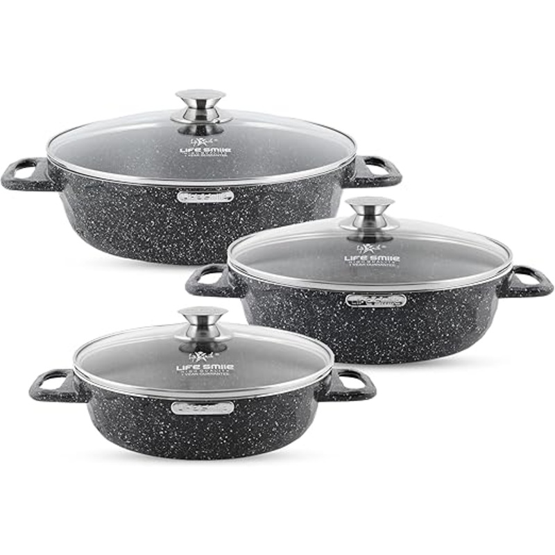 LIFE SMILE Shallow Pots Set with Lid | 100% PFOA FREE | Non Stick Granite Coating Frying Pans set | Oven Safe | Double Handle (Black (Induction Base), 24/28/32 CM)