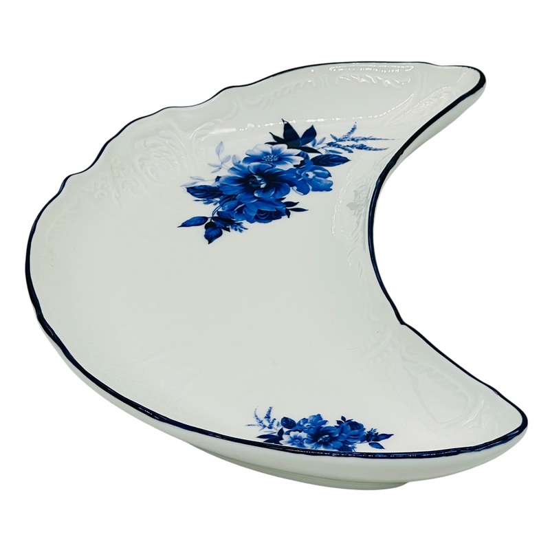 Luhpar Porcelain Moon Serving Plate 23cm*10.5cm, Blue Floral Design with Blue Rim