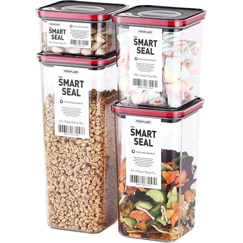 Neoflam Smart Seal Patent Airtight Kitchen Pantry Canister/Organizer Clear Plastic Container with Simple Twist Lids, Leak Proof, Dishwasher Safe, BPA Free, Cereal, Flour, Dry Food Storage 4 Piece Set