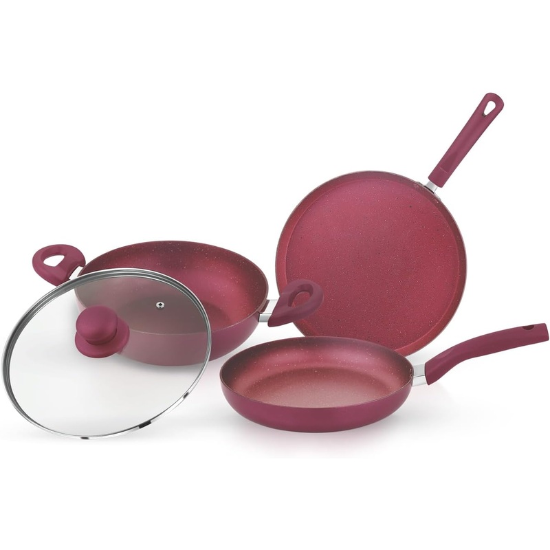 ROYALFORD 5 Layer Non-Stick 4pcs Granite Cookware Set, 24cm Kadai with Glass Lid, 24cm Frypan, 28cm Dosa Tava