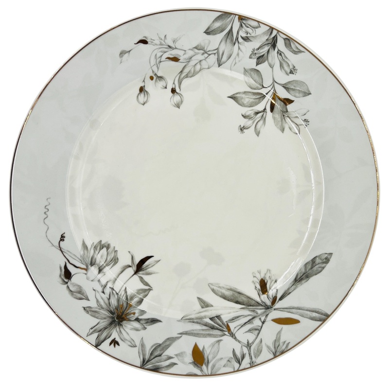 Solecasa Porcelain Dinner Plate 10.75", White-Grey Floral Designs