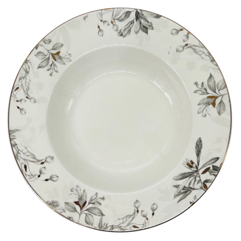 Solecasa Porcelain Soup Plate 8.5", White-Grey Floral Designs