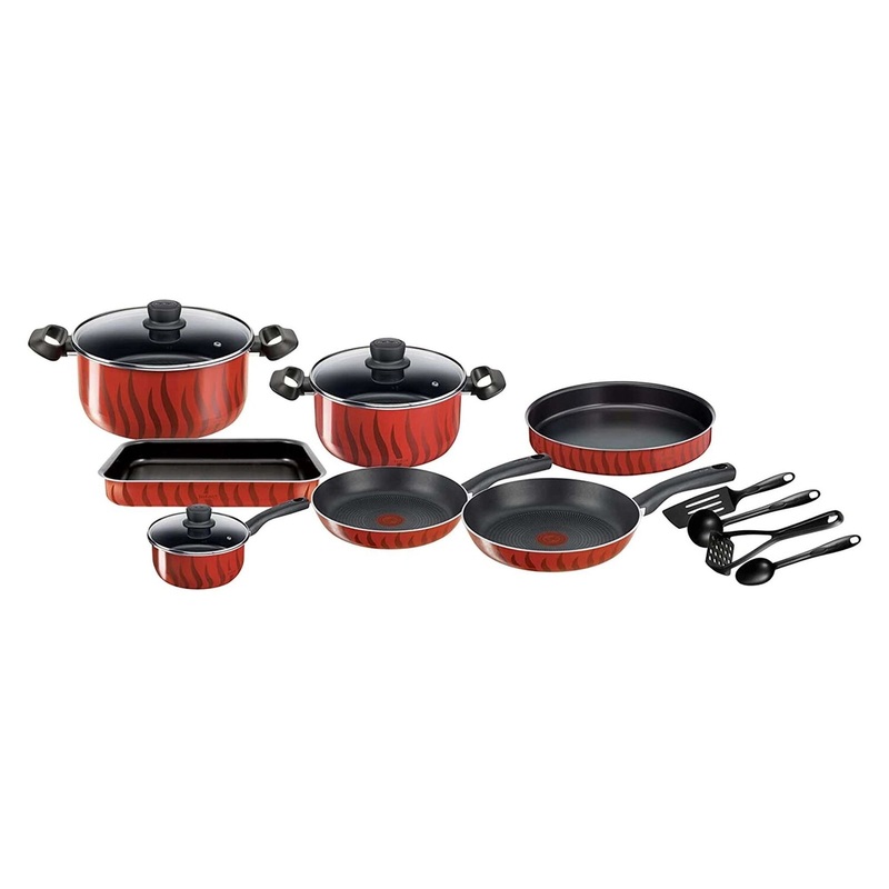 TEFAL 14pcs Non-Stick Cookware Set, Casserole with Lid- 28cm, 24cm / Frypan 28cm, 24cm / Oven Dish-22cm x 29cm / Saucepan with Lid-16cm / Spoon-1, Masher-1, Ladle-1, Spatula-1