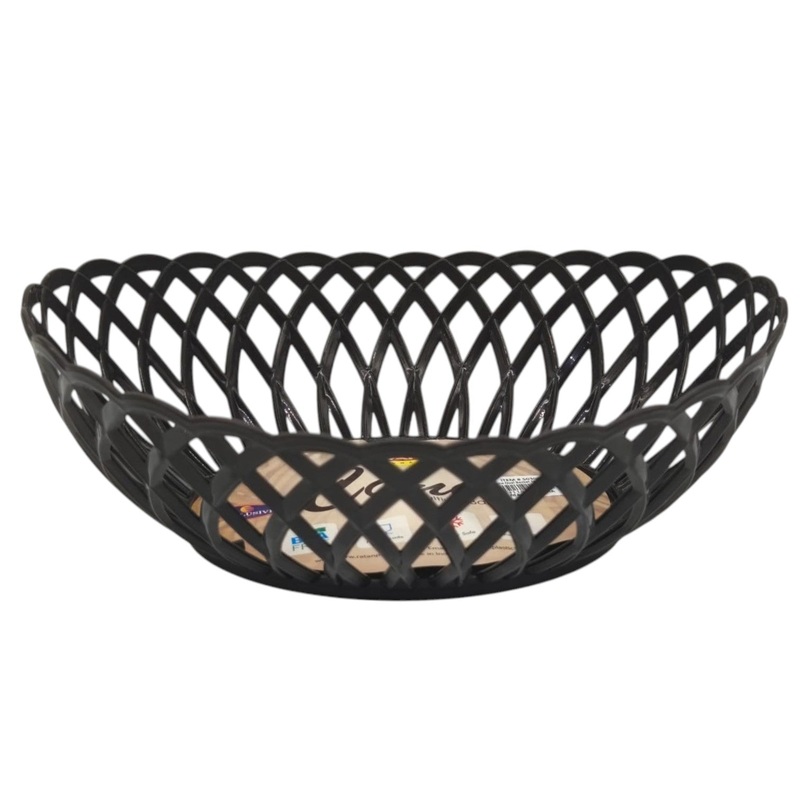 Ratan Cane Plastic Oval Shape Fruit Basket (Medium)-30cmX23cmX8cm-Black