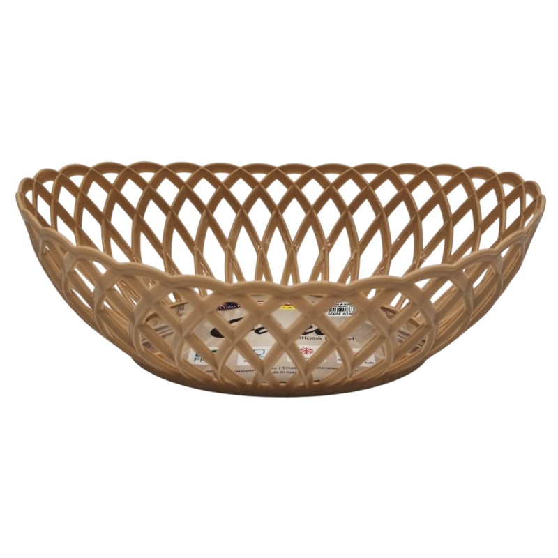 Ratan Cane Plastic Oval Shape Fruit Basket (Medium)-30cmX23cmX8cm-BurlyWood