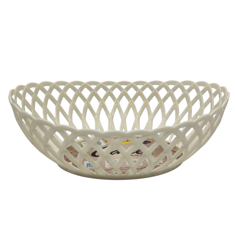 Ratan Cane Plastic Oval Shape Fruit Basket (Medium)-30cmX23cmX8cm-White