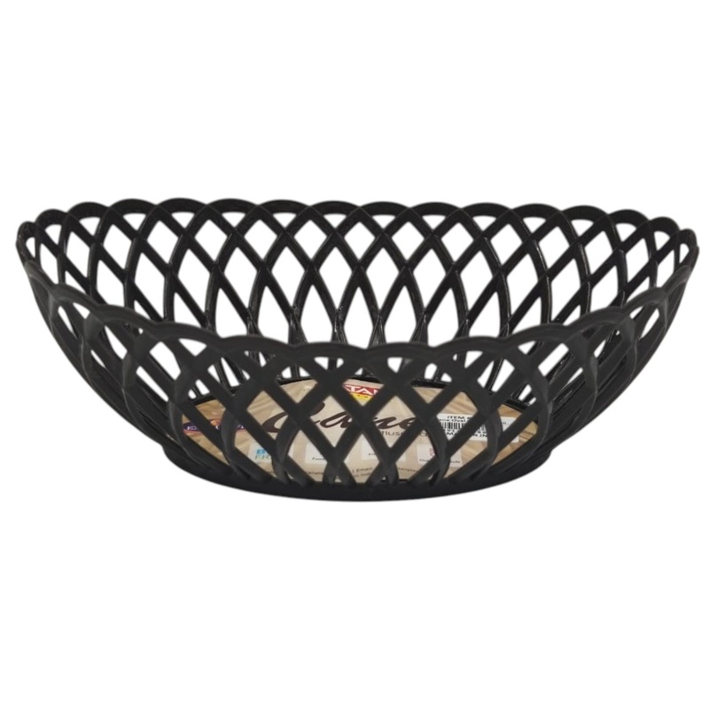 Ratan Cane Plastic Oval Shape Fruit Basket (Small)-24cmX16cmX7cm-Black