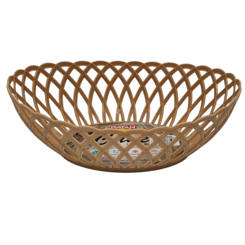 Ratan Cane Plastic Oval Shape Fruit Basket (Small)-24cmX16cmX7cm-BurlyWood