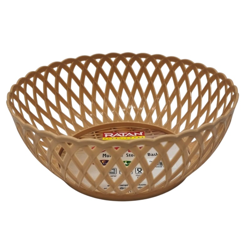 Ratan Cane Plastic Round Fruit Bowl Basket (Big)-25cmX10cm-BurlyWood