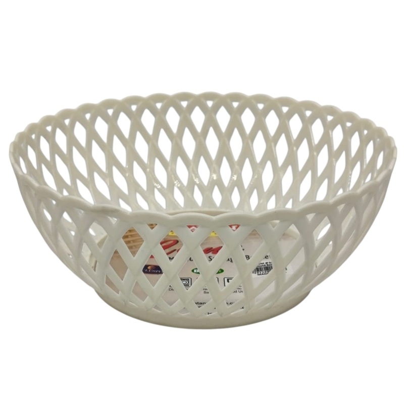 Ratan Cane Plastic Round Fruit Bowl Basket (Big)-25cmX10cm-White