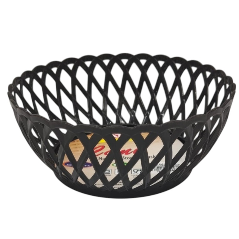 Ratan Cane Plastic Round Fruit Bowl Basket (Medium)-20cmX8cm-Black