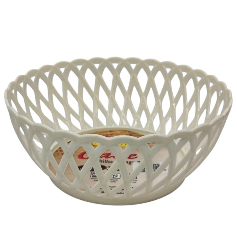 Ratan Cane Plastic Round Fruit Bowl Basket (Medium)-20cmX8cm-White