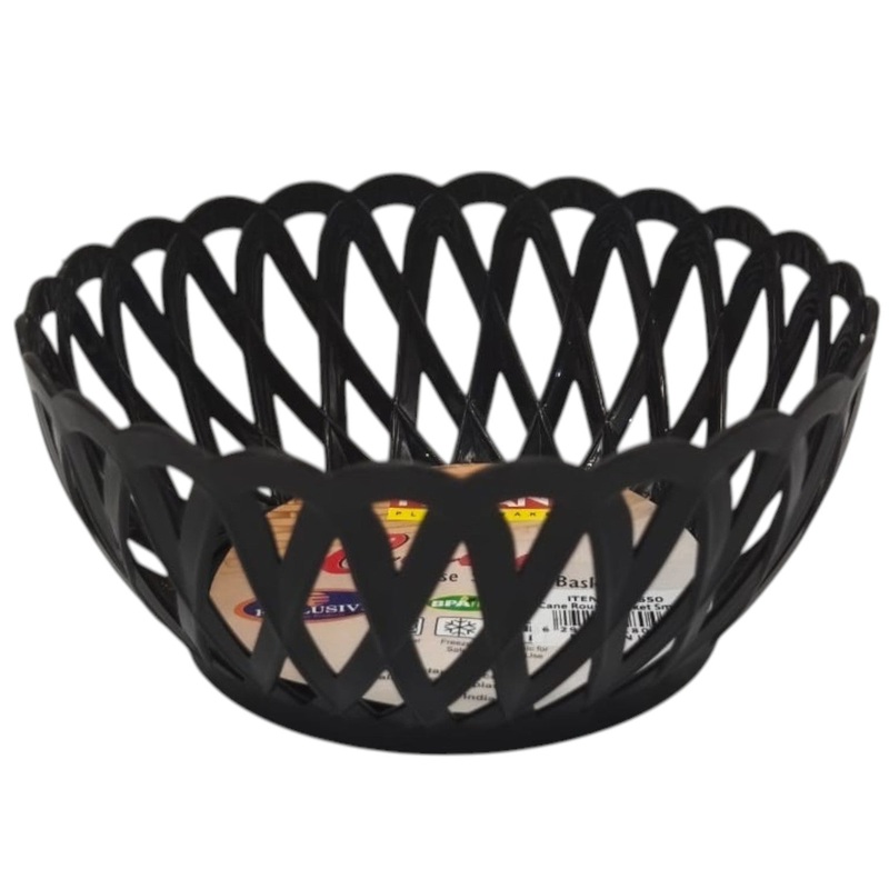 Ratan Cane Plastic Round Fruit Bowl Basket (Small)-15cmX7cm-Black