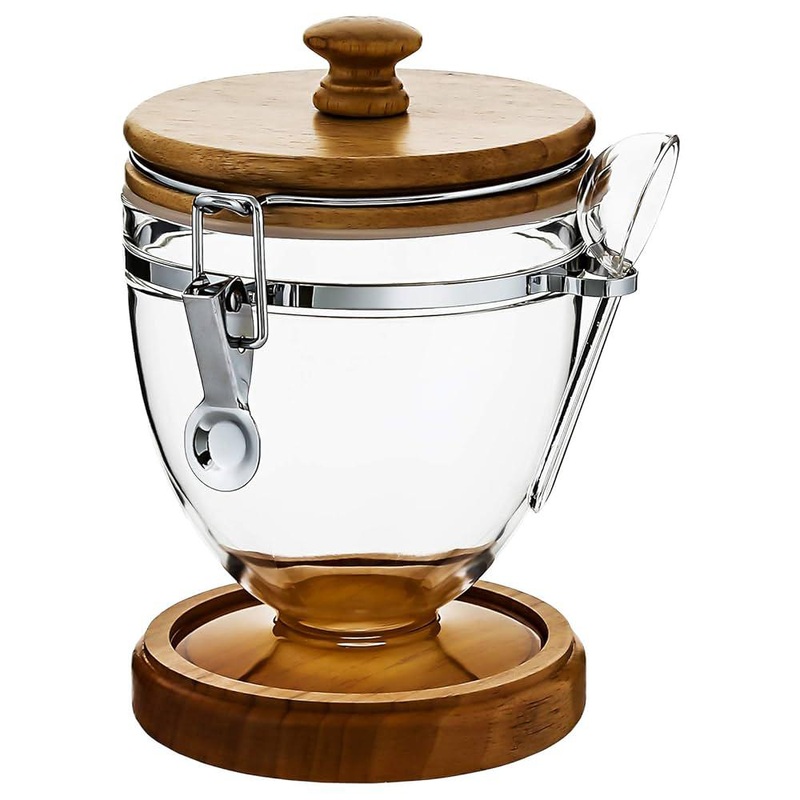 AKDC Acrylic Clip Lock Canister with Wooden Lid and Spoon 1000ml, 13cm*13cm*17.5cm