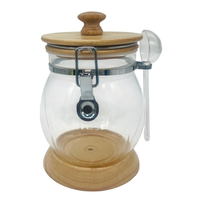 AKDC Acrylic Clip Lock Canister with Wooden Lid and Spoon 1500ml, 12.5cm*12.5cm*18.5cm