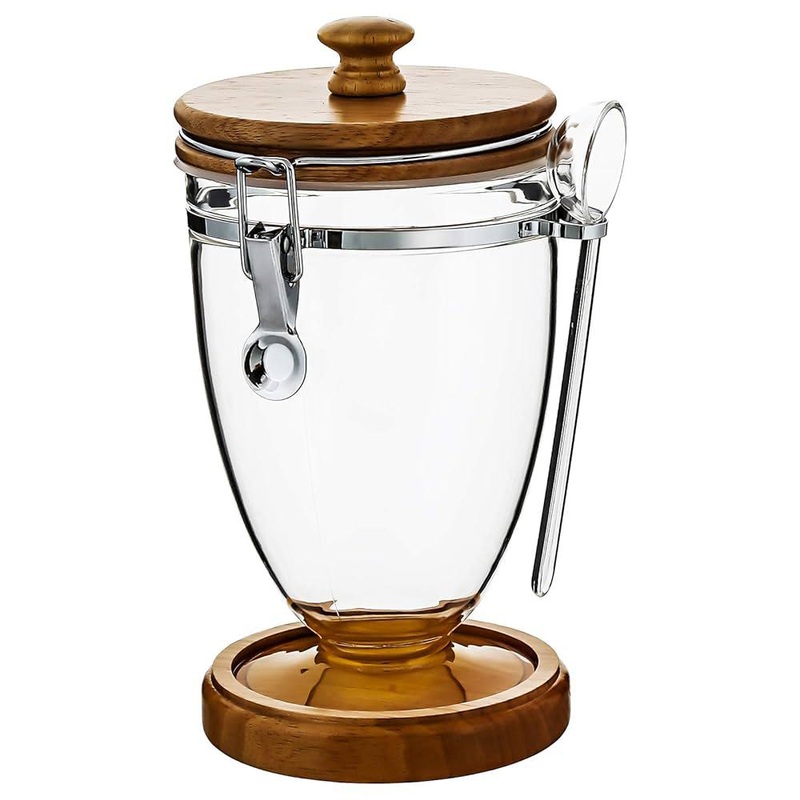 AKDC Acrylic Clip Lock Canister with Wooden Lid and Spoon 1500ml, 13cm*13cm*22cm