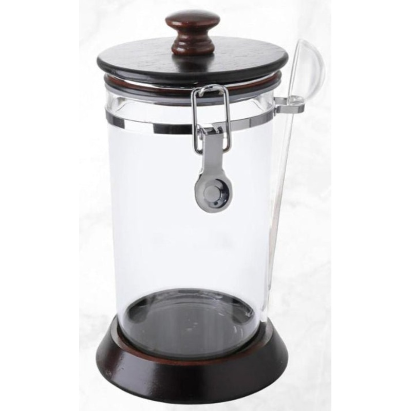 AKDC Acrylic Clip Lock Canister with Wooden Lid and Spoon 1800ml, 12.5cm*12.5cm*22.5cm