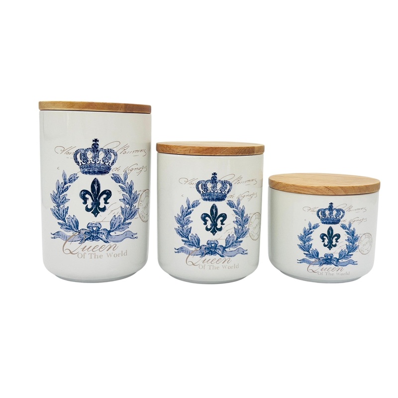 AKDC Ceramic 3pcs Canister Set  350ml+600ml+1000ml with a Wooden Lid, Blue and White