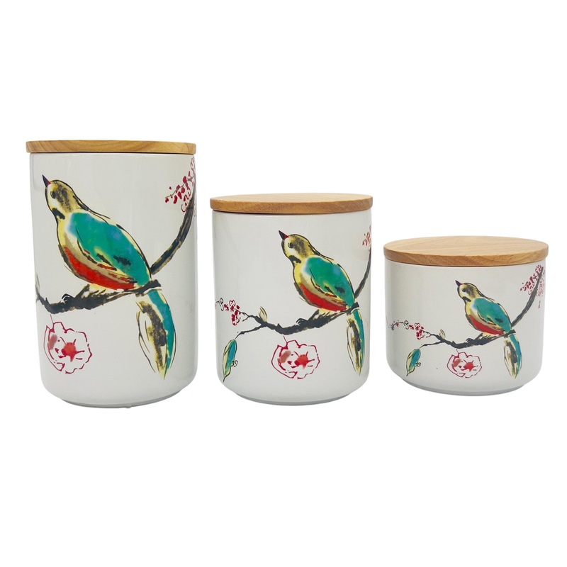 AKDC Ceramic 3pcs Canister Set  350ml+600ml+1000ml with a Wooden Lid, White